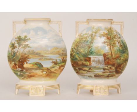 A pair of late 19th Century moon flask vases each decorated with hand painted landscape scenes entitled West Water, Killarney