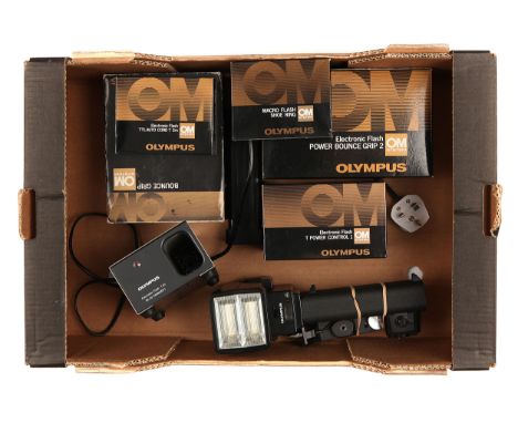 A Selection of Various Olympus Flash Units &amp; Accessories, including Power Bounce Grip 2, Electronic Flash T45 Charger, Bo