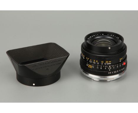 A Leitz Elmarit-R f/2.8 28mm Lens, 3-cam, serial no. 3229426, with maker's lens hood