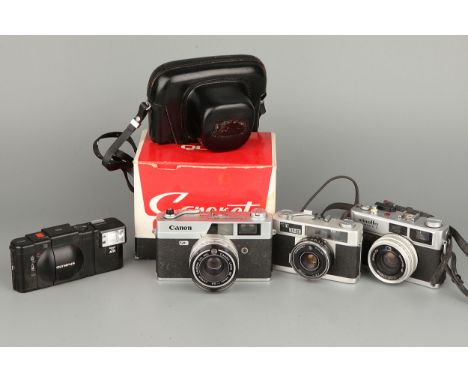 Four Rangefinder Cameras, including Canon Canonet QL25, Minolta Hi-Matic E, Prinz 35EE and Olympus XA (4)