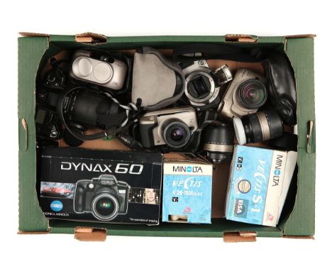 A Selection of Various SLR Cameras, including Minolta Vectis S-1, complete with various lenses, Minolta Dynax 60 and more, so