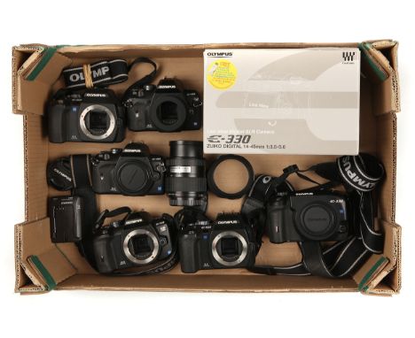 A Selection of Olympus Digital SLR Bodies, including E-410, E-510, E-500 and more, one boxed (a lot)