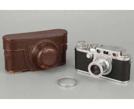 A Leica IIIf Red Dial Rangefinder Camera, chrome, serial no. 627810, with Leitz Elmar f/3.5 50mm lens, chrome, red dial, with