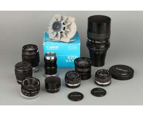 A Selection of Various Lenses, including Vivitar f/3.5 17mm, Olympus Zuiko f/2.8 28mm, Nikon Nikkor-Q f/3.5 135mm and more (a