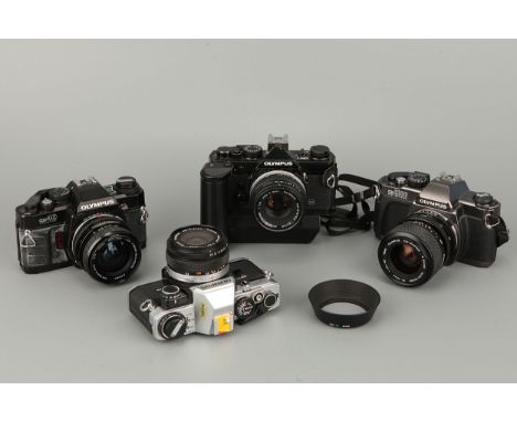Four Olympus SLR Cameras, including OM-1, OM-10, OM-40 Program and OM 2000 Spot Metering, all with various lenses (a lot)