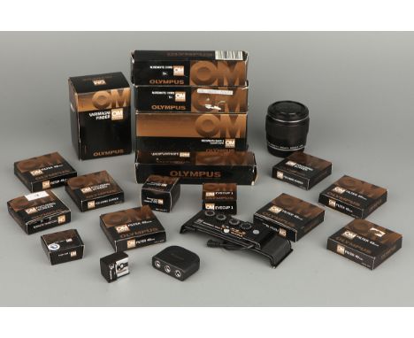 A Selection of Various Olympus Accessories, including Varimagni Finder, TTL Auto Connector T20, Recordata Back 3, focusing sc