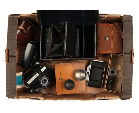 Two Boxes of Various Cameras &amp; Accessories, including Popular Pressman reflex camera, Dallmeyer Anastigmat f/3.5 3" lens 