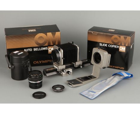 An Olympus Zuko Auto-1:1 Macro f/4 80mm Lens, serial no. 114601, together with Auto Bellows and Slide Copier (3)