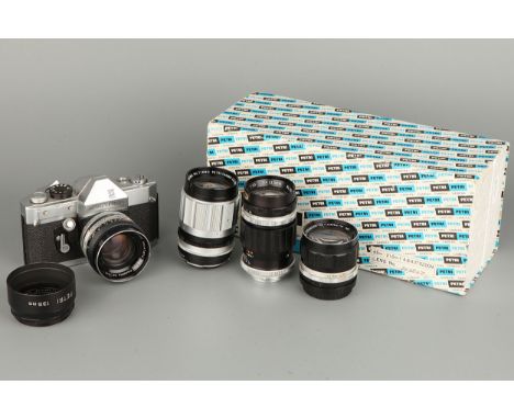 A Petri IV SLR Camera, together with five Petri lenses (a lot)