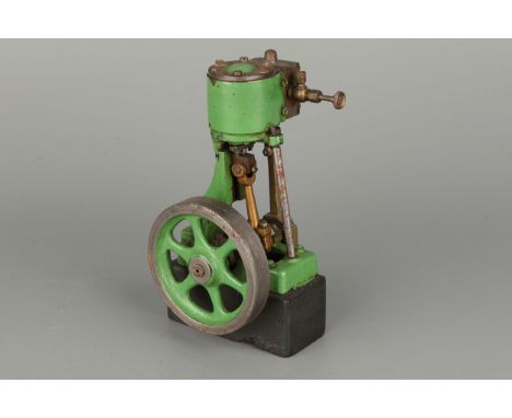 A Stuart Turner Steam Engine vertical 10H stem engine with spoked flywheel, on wooden base