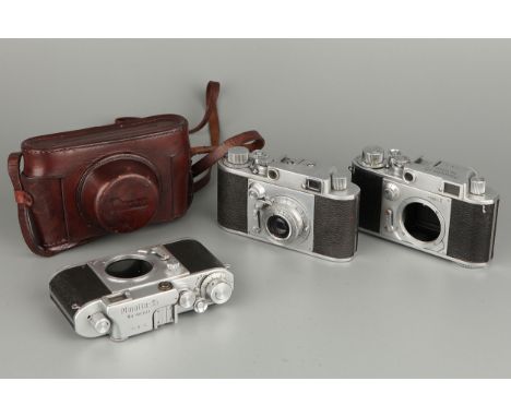 Two Minolta 35 Model II Rangefinder Bodies, together with a Minolta 35, with Russian Industrar-22 f/3.5 50mm lens (3)