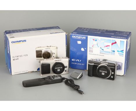 An Olympus Pen E-P1 Digital Body, together with a  Pen E-PL1 digital body, both lacking lenses, with various accessories incl
