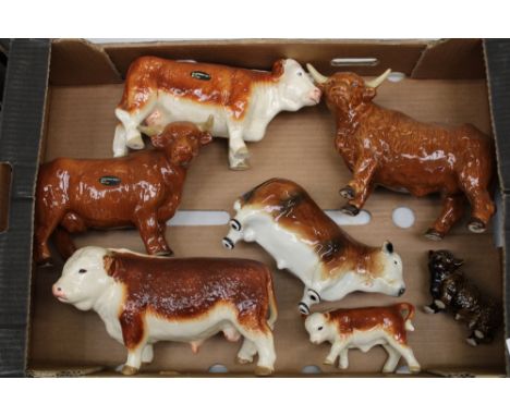 A collection of ceramic cattle figures: Coopercraft examples, Melba Hereford bull etc (1 tray). 