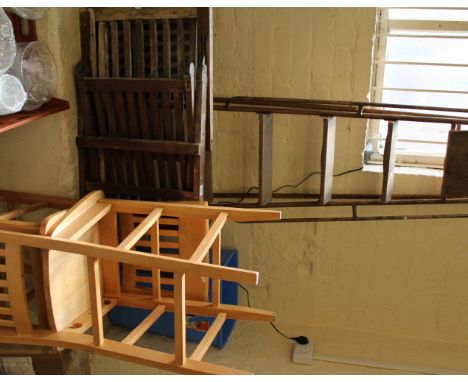 A pair of vintage mid century metal step ladders: together with a teak garden chair and a pair of bar/high chairs. 