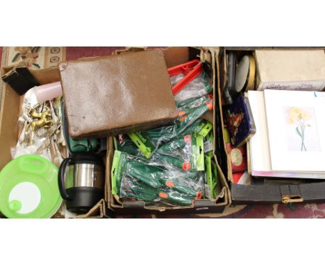 A mixed collection of items: gardening tools, picture frames, cutlery, tins etc (3 trays). 