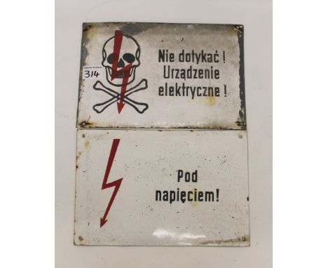 Two vintage Polish enamel electricity signs: 