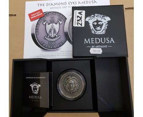 An Art Mint 3oz Silver Medusa coin: limited edition of only 250, this one being number 134, Republique Du Cameroon 3000 Franc