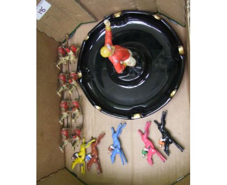 A mixed collection of items: Chad Valley Escalado horses, horse racing theme American ashtray etc (1 tray). 