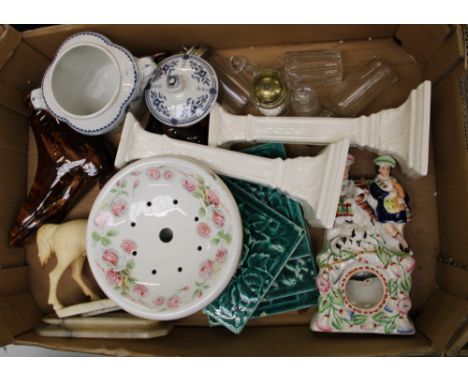 A mixed collection of Victorian china and glass items to include: Art Nouveau tiles, Staffordshire clock case, candlesticks, 