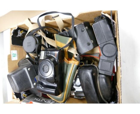 A collection of  vintage camera's to include: Zenit 12xp 35mm film camera, Olympus AZ230 super zoom camera flash gun etc 