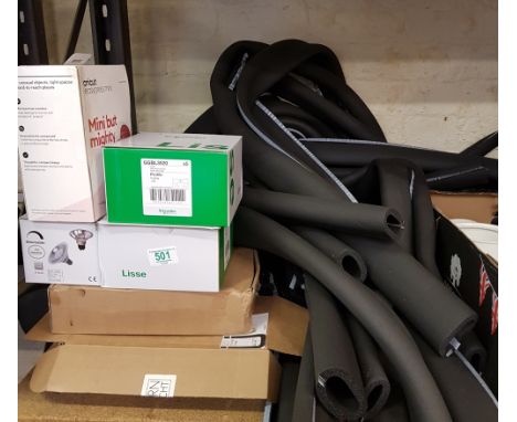 Mixed collection of plumbing and electrical items: sockets, pipe insulation etc. 