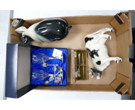 A mixed collection of items to include: large Melba Ware Cow, Royal County Silver Plated Goblet set, damaged pig money box et