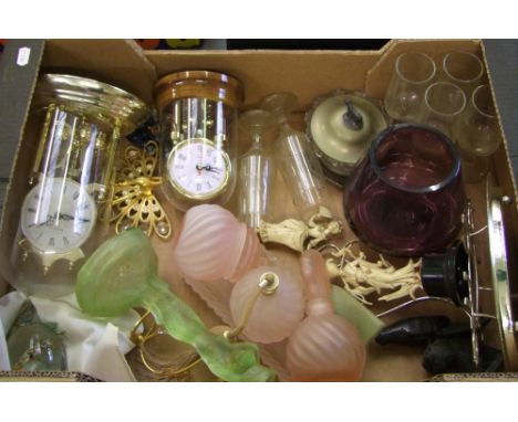 A mixed collection of items: art deco green glass candlestick, oriental figures, mantel clocks, paperweights etc (1 tray). 
