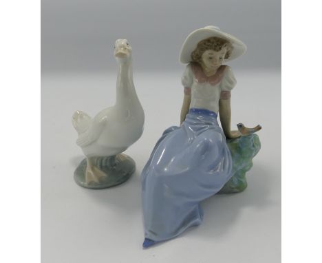 Nao Porcelain figures of Goose &amp; Lady Reclining on Rock: height of tallest 14cm(2) 