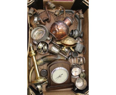 A mixed collection of items: barometer, light fittings and assorted metal ware (1 tray). 