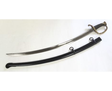 French Cavalry Sword. Curved, fullered single edge blade 83cm in length.Spine of blade dated 1856 and 1842. Leather covered w