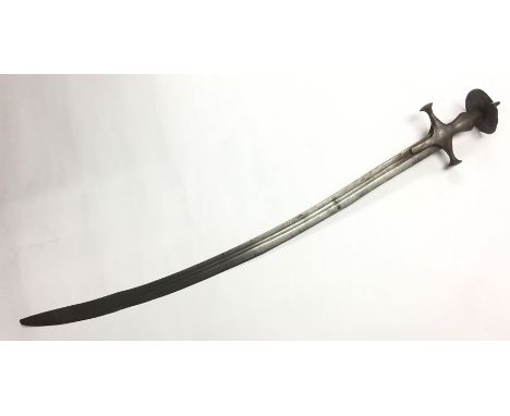 Indian Tulwar Sword with curved single edged double fullered blade 76cm in length. Tip to blade bent. Overall length 89cm. Ol