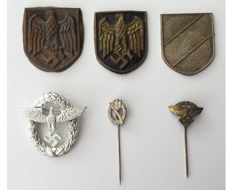 WW2 Third Reich 1st pattern Police metal cap eagle, alloy, all pins intact, no makers mark: three Heer/KM Tropenhelm tropical