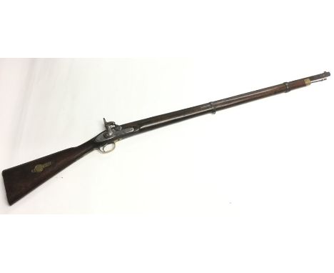 Percussion cap musket with 875mm long barrel. Overall length 126cm. Bore approx 15mm. Working action. Lock marked with Crown 