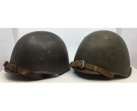 Post war Czech steel helmet dated 1-72 complete with leather liner size 54 and leather chinstrap, light sprayed black camo ov