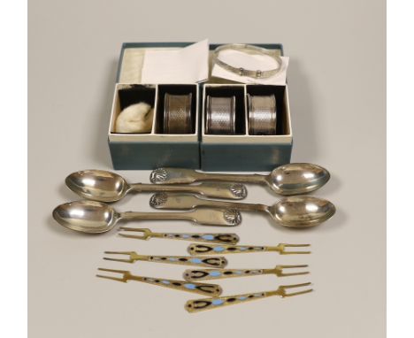 Small silverware, comprising:- a set of four Victorian fiddle pattern, teaspoons, a set of six Soviet Union gilt white metal 