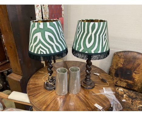 A pair of oak barley twist table lamps with green and white zebra print shades, height including shades 70cm and two Porta Ro