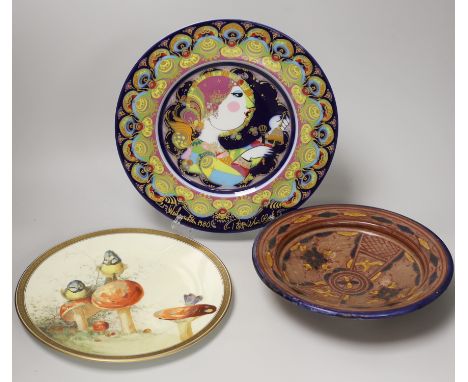 A Cauldon plate painted with blue tits on toadstools and a butterfly on another, signed R. Barratt, Derby, made for Burley &a
