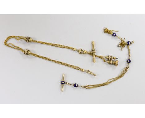 A late 19th/early 20th century French yellow metal (18ct poincon mark) enamel and seed pearl set albertina, hung with two fob