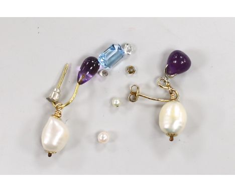 A pair of 375, amethyst and baroque cultured pearl set drop earrings and six assorted loose stones.