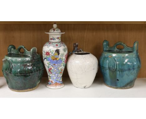 Two Chinese Shiwan pots, a 19th century Chinese famille rose ‘cockerel’ vase and cover and a studio pottery vase, tallest 31c
