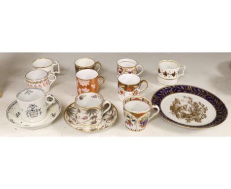 English porcelain coffee cans including Worcester, Spode, Wolfe Mason, Derby and Chamberlain, two New hall cans and saucers a