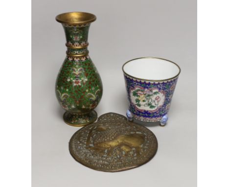 A Chinese Guangzhou enamel vase, a cloisonné enamel vase and  an Indonesian brass panel, tallest 26cm high