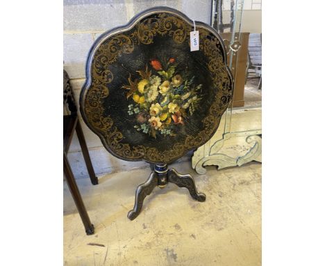 A Victorian style circular floral painted tilt top tripod table, width 68cm, height 66cm