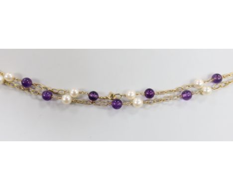 An Italian Uno-A-Erre 750 yellow metal, cultured pearl and amethyst bead set necklace, 68cm, gross weight 23.2 grams.