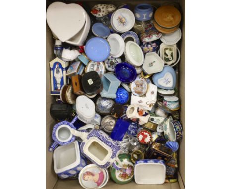 A large collection of porcelain and enamel trinket and patch boxes, together with miniature animals in glass and porcelain, (