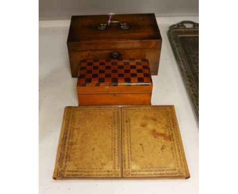 A George IV rosewood twin canister tea caddy, a chequer inlaid box and a leather blotter pad (3)