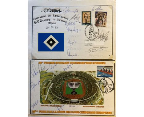 Hamburg Football 1983, nine team signed on European Cup cover v Juventus. Also has stadium card signed by 7 Hamburg team. Inc