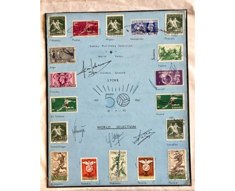 Football legends multiple signed 1965 World Stanley Matthews Selection Stamp sheet A4 card. 15 signed on page or on the footb