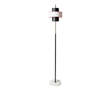  STILNOVO FLOOR LAMP manufacturer's label, black enamelled metal, white and red plexiglass 188cm high (74in high)   