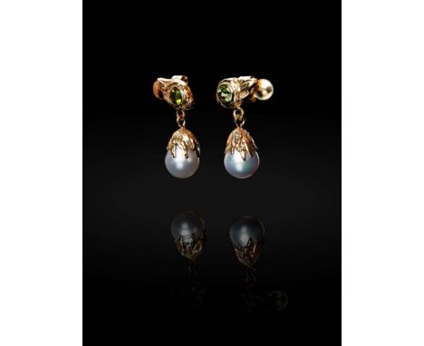  KATHERINE BRUNACCI (AUSTRALIAN 1986-) PAIR OF EARRINGS hallmarked, 9ct gold, tourmaline and pearls, each collet-set with a r